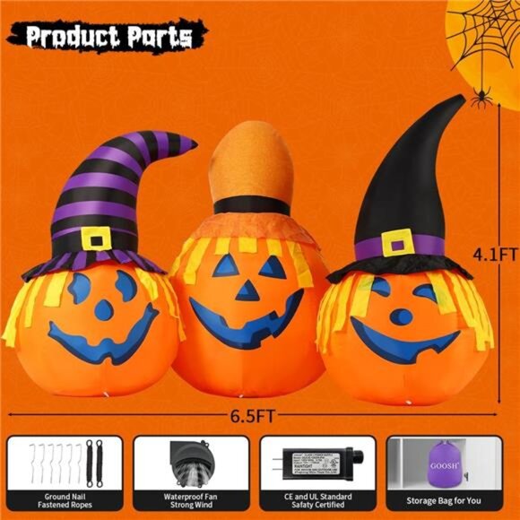 6.5 FT Halloween Inflatables Outdoor Pumpkin Combo with Wizard hat Blow - Picture 2 of 7